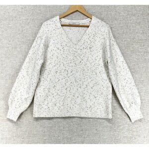 LOFT Sweater Women Large Off White V Neck Glitter Knit Long Sleeve Cozy Pullover